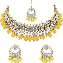 Gold Plated Traditional Floral Kundan Pearl Choker Necklace Jewelry Earrings & Maang tikka Set For Women-image-23