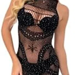bunny bae Womens Stylish Lingeries Fishnet Dress for Women Mesh Badydoll Fishnets Dresses See Through Lingerie Chemise Outfits New Stripper V Stone Black-picture-29