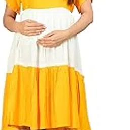 aania Women Fit and Flare Maternity Yellow, White Dress|Rayon Maternity Dress|Pregnancy Dress|Easy Feeding Dress|Midi Maternity Dress|Colour-Multicolour-picture-42