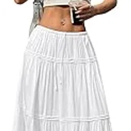 Women’S Boho Maxi Skirt, High Waisted Elastic Waist, Button Front Tiered Ruffle Flowy A Line Long Skirt, Lightweight Polyblend, Summer, Casual and Beach-image-21