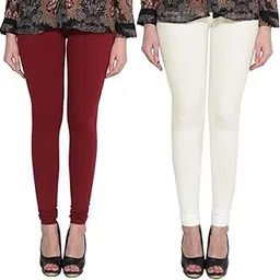 clarita Soft Cotton Stretchable Churidar Leggings - Free Size Plus 35 Colors for Womens and Girls - Combo Pack of 2 - (Maroon & Off-White)-picture-29