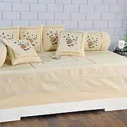 Dream Decor Diwan Set Pack of 8 Piece Including One Single bedsheet, Two Bolster Cover and Five Cushion Covers Embroidery Cotton Diwan Cover Set for Living Room, 60 x 95 Inches, Cream-image-38