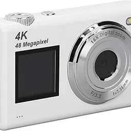 4K Digital Camera, 48MP HD Dual Screen CCD Card Camera with 16X Digital Zoom, Electronic Anti Shake Student Camera Beauty Filter for Students (White) image 1