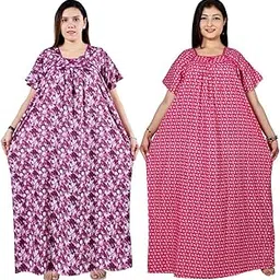 Women’s Cotton Plus Size Nighty Maxi – Combo Pack of 2 Free Size Night Gown for 2XL to 4XL-image-2