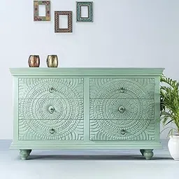 ARVISH ENTERPRISES Solid Wooden Sideboard Cabinet | Handcarved Cabinet with 6 Drawers for Living Room, Hall, Bedroom | Green Finish | (45D x 137W x 78H CM)-picture-44