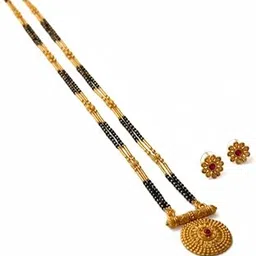 Traditional Maharashtrian Long Mangalsutra with Pendant & Earrings | Antique Gold Plated Black Bead Chain | Micropolish Jewelry for Women & Girls Style-image-98