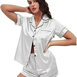 VC FASHION HUB Grey Women's Satin Plain/Solid Relaxed Night Suit Set of Top & Shorts (110-NW-HALF-Grey-P)-picture-14