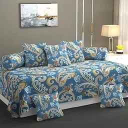 NEW LEAF DiwanSet for Living Room, DiwanSet Covers Glace Cotton, DiwanSet 8 Pieces (1 Single Bedsheet, 5 Cushion Covers, 2 Bolster Covers) (Color-Blue & White), Standard image 1