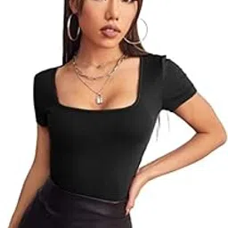 glare & blair Ribbed Square Neck Half Sleeve Casual Stylish Western Tops for Women-picture-10