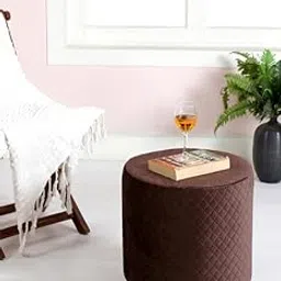 Shadowkart Ottoman Pouffes Sitting Mudda Puffy Stool for Living Room Dressing Table Pouf Round Footstool for Office Home Decor, Check Holland Velvet Drum, 16x16x18 Inch, Coffee-image-45