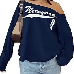 sxv style New York Print Off-Shoulder Sweatshirt, Navy Blue, Cotton Blend, Casual Fit-picture-28