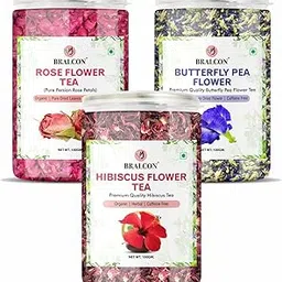 BRALCON Organic Herbal Tea Combo Pack- Hibiscus Flower Tea, Butterfly Pea Flower Tea, Rose Flower Tea- 300g(100g x 3 Pack)|Caffeine Free|Hibiscus Tea Leaves|Blue Pea Tea|Rose Tea-picture-24