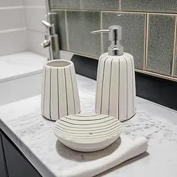 Handmade Ceramic Bathroom Set | White Lining Print Pack of 1-picture-17