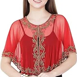 Red Color With Gold Beaded Poncho Shrug Front Open Hand Embroidered Net Material Cover Up Style for Saree Suit Special Event Attire Wedding Cocktail Wear Free Size Vacation & Ethnic Wear-picture-18