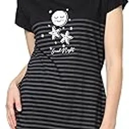 sweet dreams Women Striped Round Neck Half Sleeve Black Cotton Short Nighty-picture-33