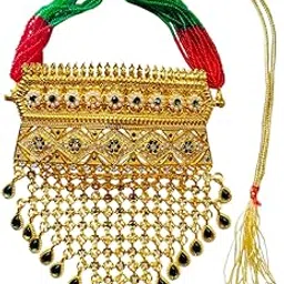 Anas Trendy Fashion Traditional Rajasthani Rajputi Aad, Gold-Plated Choker Necklace, Emerald Green Stones, Lattice Design with Teardrop Pendants image 1