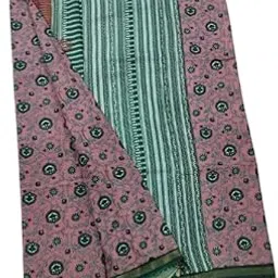 taskeen Cotton Printed Saree with Traditional Pattern, Blue and Green Border,onion pink Base-picture-50