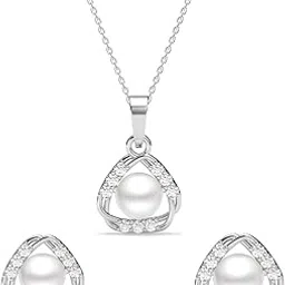 925 Sterling Silver Zuha Freshwater Pearl Pendant Earrings Chain Necklace Jewellery Set | Platinum Plated, Swiss Zirconia |Gift for Women and Girls-image-36