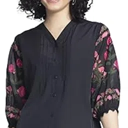 Trending V-Neck Black Floral Print Three-Quarter Sleeves Polyester Casual Tops for Women-image-83