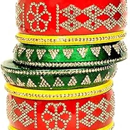 swara creations Lac | Lah | Lakh bangle/Kada set for woman Lahthi | Lehthi set Rajasthani Red Yellow Green Bangle Set Zircon work for Women and Girls (10pcs)(290)-picture-38