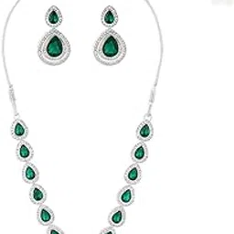 zaveri pearls Green Stones Dazzling Austrian Diamonds Fusion Wear Necklace & Earring Set For Women-ZPFK21796-picture-32