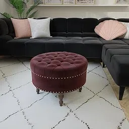 Ereteken ART Round Velvet Footrest Stool, Upholstered Ottoman Coffee Table, Button Tufted Padded Foot Stools with Solid Wood Legs (Off White) (Maroon)-image-59