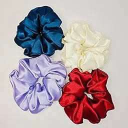 Luxurious Satin Hair Scrunchies, 4 Pack, Navy Blue, White, Lavender and Red, Silky Smooth Hair Accessories for Women-image-1