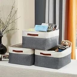 TIED RIBBONS Set of 3 Fabric Small Storage Organizer for Clothes with Handles for Organizing Baskets for Shelves, Office, Laundry, Closets, Decorative Baskets (White & Grey, 30 x 20 x 15 cm)-picture-33