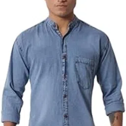 Men’s Acid Washed Denim Shirt | Stylish Double Pocket Long Sleeve Shirt Blue6 XXL-image-0