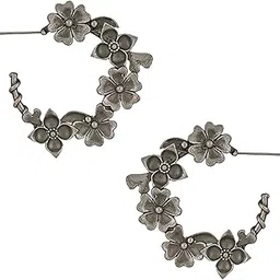 yellow chimes Silver Oxidised Hoops Earrings for Women Girls | Floral Shaped Traditional Silver Oxidised Plated Hoop Earrings | Eternal Elegance | Birthday Anniversary Gift For Girls Women-picture-13