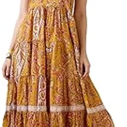 Women All Over Floral Print Strappy Sleeves Waist Tie-Up Fit & Flare Fusion Maxi Dress-image-32