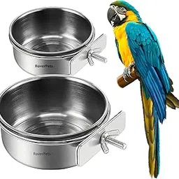 RoverPets 2Pcs Stainless Steel Bird Feeding Bowls, Feeding Cup, Stainless Steel Parrot Food Bowl Cage with Holder, Parrot Water Feeder (Design - 2, Bird Bowl - 250ML Pet Cage Cup Holder)-image-1