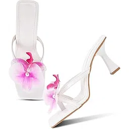 FROH FEET Women’s Flower Embellished Kitten Heeled Sandals Square Toe Slip-On Party & Casual Dress Heels-picture-47