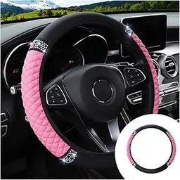 Bling Soft Leather Steering Wheel Cover, 15 Inch Colorful Rhinestones Auto Elastic Protector with Crystal Diamond for Women Girls, Car Accessories for Most Cars, SUVs (Pink)-image-12