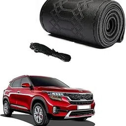 Car Steering Wheel Cover with Needle Thread Leather Sleeve Anti-Slip Breathable Full Black Color Suitable for Kia Seltos-picture-21