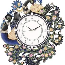 CIRCADIAN Blue Peacock Design Engineering Wooden Hand-Painted Wall Clock for Home, Kitchen, Office (Multi-Color, 13X13 in)-picture-31