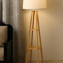 Modern Wooden Floor Lamp with Shelves, Tripod Stand, White Fabric Shade-image-9