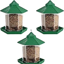 Kuber Industries 3 Pcs Plastic Birds Feeder for Balcony with Transparent Grain Holder 360° Perch | 1 Mtr Stainless Steel Wire | Hanging Bird Food Feeder for Cage, Outdoor and Gardens | Green-image-89
