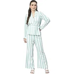 deebaco Women's Pastel Belted Striped Pant Suit Striped Print Blazer with Shawl Lapel and Belt Tailored Flaired Pants (Pink, Blue)-picture-20