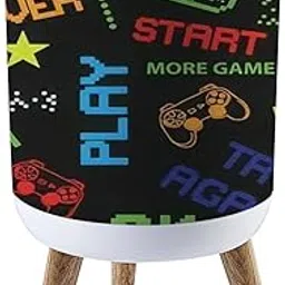 Trash Can with Lid Seamless Abstract in Pixel Game Style with dice Words for Boys Press Cover Small Garbage Bin Round with Wooden Legs Waste Basket for Bathroom Kitchen Bedroom 7L/1.8 Gallon-picture-29