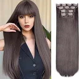 QUEENTAS Highlight Long Straight Chocolate Brown Clip in Hair Extensions for Women, Natural & Blends Well Hair Extensions (22inch, 4pcs)-picture-18