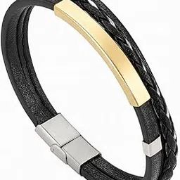 Luxury Gold Plated Stainless Steel & Leather Bracelet for Men & Boys | Multi-Layer Braided Cord with Engravable ID Bar | Magnetic Clasp, Non-Tarnish Casual Jewellery-image-63