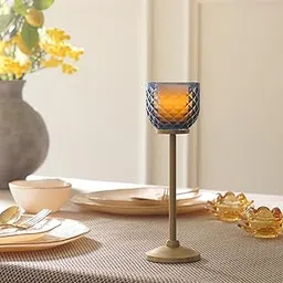 Pure Home + Living Blue Diamond Texture Candle Holder with Stand - Small with Glass, Dining Table Centerpiece, Round Pillar Candle Holder, Decorative Candle Stands for Home & Diwali Decor (Pack of 1)-picture-16
