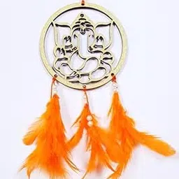Handcrafted Dream Catcher with Gold Circle Design, Orange Feathers, Pearl Beads, Boho Wall Hanging Decor-image-68