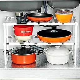 Cubaroo Under Sink Storage Organizer Rack - 2 Shelves Stainless Steel Expandable Tawa Holder With Detachable Shelf & Rust Proof Steel Pipe For Kitchen (50cm to 70cm Adjustable Size) - Tiered Shelf-picture-19