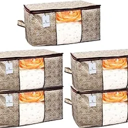 Kuber Industries Flower Design Underbed Storage Bag, Storage Organiser, Blanket Cover Set of 5 - Golden Brown, Extra Large Size - CTKTC15254 image 1