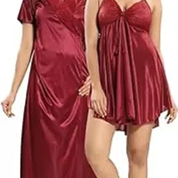 flynery Womens Nightdress Nighty Two Piece Set 1 Short Nighty and 1 Gown Trendy Stylish Nightwear-picture-10