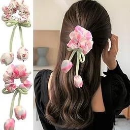 Luxelocks Pack of 2pcs Floral Hair Scrunchies with Tulip, Decorative Hair Accessories, tulip hair scrunchies for women-picture-57