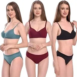 Set of 3 Women's Cotton Solid Non Padded Bra & Panty Set | Sexy Lingerie Set for Bridal | Honeymoon Bikini Set for Girls & Women - Adjustable Straps (P)-image-89