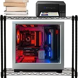 STORACK 2-Tier Metal Wire Storage Shelf, Black Color, Computer CPU Stand/Printer Stand and Book Shelf with Adjustable Feet/Movable Wheel, 60x25x60 cm Height, Suitable for Office and Home Storage-picture-27